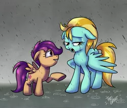 Size: 3670x3128 | Tagged: safe, artist:ohjeetorig, derpibooru import, lightning dust, scootaloo, pegasus, pony, commission, official fan art, rain, teary eyes