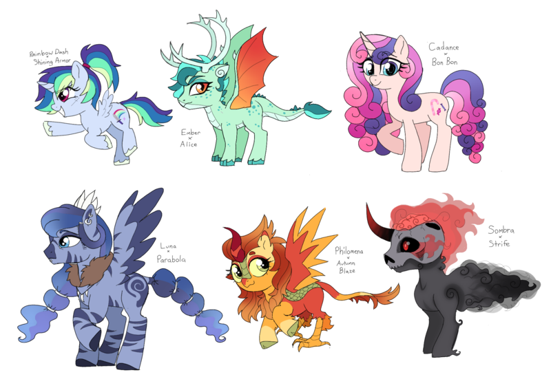 Size: 1890x1302 | Tagged: safe, artist:unoriginai, derpibooru import, oc, unofficial characters only, alicorn, deer, dragon, hybrid, kirin, pegasus, phoenix, pony, reindeer, unicorn, zebra, zebroid, zony, alicorn oc, brain, crack ship offspring, curved horn, cute, dragon hybrid, horn, interspecies offspring, kirin hybrid, magical gay spawn, magical lesbian spawn, next generation, offspring, parent:alice the reindeer, parent:autumn blaze, parent:bon bon, parent:king sombra, parent:philomena, parent:princess cadance, parent:princess ember, parent:princess luna, parent:queen parabola, parent:rainbow dash, parent:shining armor, parent:strife, parents:shiningdash, reindeer hybrid, skull, unshorn fetlocks, wings