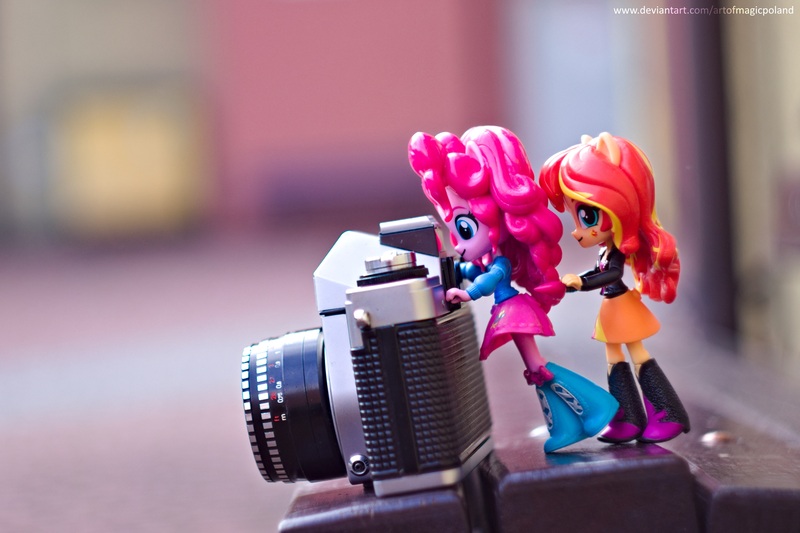 Size: 5417x3611 | Tagged: safe, artist:artofmagicpoland, derpibooru import, pinkie pie, sunset shimmer, equestria girls, 35mm camera, doll, equestria girls minis, eqventures of the minis, pushing, toy