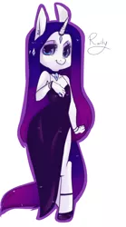 Size: 1000x1800 | Tagged: safe, artist:kronilix, derpibooru import, rarity, anthro, unguligrade anthro, unicorn, alternate hairstyle, bracelet, clothes, cute, cutie mark accessory, dress, ear piercing, female, horn, horn jewelry, jewelry, piercing, raribetes, ring, side slit, simple background, solo, straight hair, white background