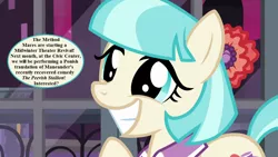 Size: 1280x720 | Tagged: safe, derpibooru import, edit, edited screencap, screencap, coco pommel, pony, made in manehattan, bow, bronybait, cocobetes, cute, mane bow, menander, speech, speech bubble, talking, the grouch (play)