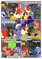 Size: 752x1063 | Tagged: safe, artist:christhes, derpibooru import, oc, oc:gracenote, oc:jade mare, oc:maple leaf, ponified, changeling, earth pony, pony, unicorn, boba fett, comic, disguise, disguised changeling, female, gold, jabba's palace, mare, star mares, star wars