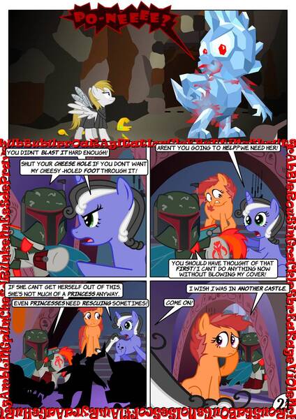 Size: 752x1063 | Tagged: safe, artist:christhes, derpibooru import, oc, oc:gracenote, oc:jade mare, oc:maple leaf, ponified, changeling, earth pony, pegasus, pony, unicorn, boba fett, comic, disguise, disguised changeling, female, jabba's palace, luke skywalker, mare, peril, rancor pit, spike's statue, star mares, star wars, wide eyes