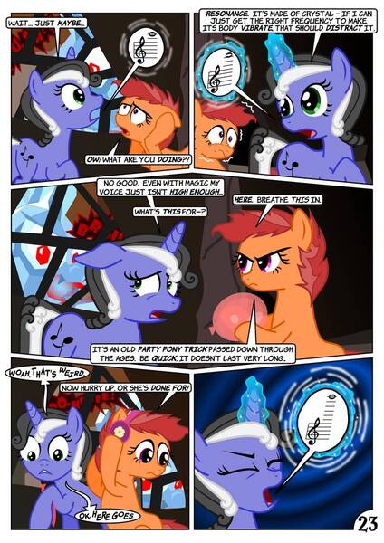 Size: 752x1063 | Tagged: safe, artist:christhes, derpibooru import, oc, oc:gracenote, oc:maple leaf, ponified, earth pony, pegasus, pony, unicorn, balloon, comic, female, helium, helium voice, jabba's palace, mare, peril, rancor pit, spike's statue, star mares, star wars, wide eyes