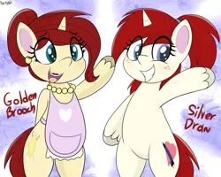 Size: 3348x2680 | Tagged: safe, artist:an-tonio, derpibooru import, oc, oc:golden brooch, oc:silver draw, unofficial characters only, pony, unicorn, apron, bipedal, clothes, duo, eye clipping through hair, featureless crotch, female, freckles, housewife, lipstick, mare, mother and child, mother and daughter, naked apron, unshorn fetlocks, waving