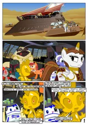 Size: 752x1063 | Tagged: safe, artist:christhes, derpibooru import, spike, oc, oc:gracenote, oc:maple leaf, ponified, alicorn, diamond dog, earth pony, pegasus, pony, tatzlwurm, unicorn, c-3po, collar, comic, dialogue, droid, execution, female, imminent vore, jabba the hutt, luke skywalker, mare, peril, princess leia, r2-d2, sex slave, slave, star mares, star wars, wide eyes