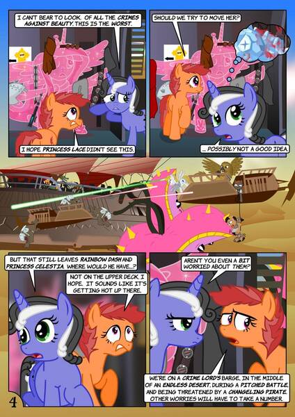 Size: 752x1063 | Tagged: safe, artist:christhes, derpibooru import, princess cadance, oc, oc:gracenote, oc:maple leaf, ponified, diamond dog, earth pony, gryphon, pegasus, pony, tatzlwurm, unicorn, boba fett, broken, butt, chewbacca, comic, dead, death, dialogue, disguise, disguised changeling, execution, female, imminent vore, lando calrissian, luke skywalker, magic, mare, peril, petrification, plot, shattered, star mares, star wars, telekinesis, wide eyes, x eyes