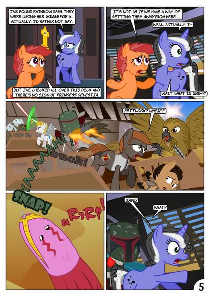 Size: 752x1063 | Tagged: safe, artist:christhes, derpibooru import, oc, oc:gracenote, oc:jade mare, oc:maple leaf, ponified, diamond dog, earth pony, gryphon, pegasus, pony, tatzlwurm, unicorn, boba fett, butt, chewbacca, comic, disguise, disguised changeling, disgusted, eaten alive, execution, female, fetish, han solo, implied watersports, lando calrissian, luke skywalker, magic, mare, peril, plot, predation, star mares, star wars, telekinesis, vore, wide eyes