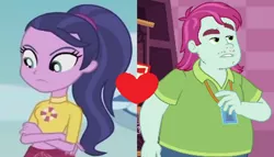 Size: 840x480 | Tagged: safe, derpibooru import, edit, edited screencap, screencap, baewatch, unnamed character, a fine line, blue crushed, equestria girls, equestria girls series, background human, cashier, crack shipping, cropped, female, heart, male, shipping, shipping domino, straight
