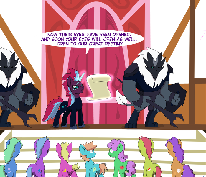 Size: 3242x2784 | Tagged: safe, artist:chedx, derpibooru import, tempest shadow, earth pony, pony, unicorn, comic:kingdom fall, alternate history, crystal of light, female, general tempest shadow, mare, parallel universe, ponyville, ponyville town hall, royal decree, scared, scroll, storm guard, worried