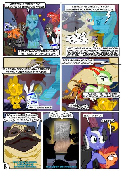 Size: 752x1063 | Tagged: safe, artist:christhes, derpibooru import, spike, oc, oc:gracenote, oc:maple leaf, ponified, earth pony, gryphon, pegasus, pony, unicorn, c-3po, carbonite, collar, comic, droid, female, han solo, jabba the hutt, jabba's palace, luke skywalker, mare, oola, r2-d2, sex slave, slave, star mares, star wars