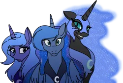 Size: 853x574 | Tagged: artist needed, safe, deleted from derpibooru, derpibooru import, nightmare moon, princess luna, alicorn, pony, ethereal mane, lunar trinity, s1 luna, self ponidox, simple background, starry mane, transparent background, triality