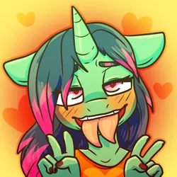 Size: 2000x2000 | Tagged: safe, artist:sexygoatgod, derpibooru import, oc, oc:kasumi, unofficial characters only, anthro, unicorn, abstract background, ahegao, blushing, clothes, double peace sign, eyes rolling back, femboy, heart, heart eyes, horn, male, nail polish, open mouth, peace sign, solo, split tongue, tongue out, unicorn oc, wingding eyes