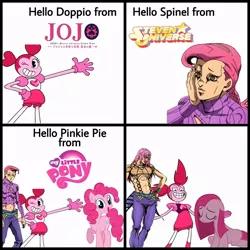 Size: 960x960 | Tagged: source needed, useless source url, safe, derpibooru import, pinkie pie, pony, comic, diavolo, fail, golden wind, hello, imminent death, jojo's bizarre adventure, meme, my little pony logo, pink hair, pinkamena diane pie, similarities, spinel (steven universe), steven universe, vinegar doppio