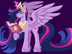 Size: 1600x1200 | Tagged: safe, artist:evergreen-gemdust, derpibooru import, princess twilight 2.0, twilight sparkle, twilight sparkle (alicorn), alicorn, pony, the last problem, big crown thingy 2.0, book, book of harmony, cloven hooves, glowing horn, horn, magic, purple background, simple background, smiling, solo, spread wings, telekinesis, unshorn fetlocks, wings