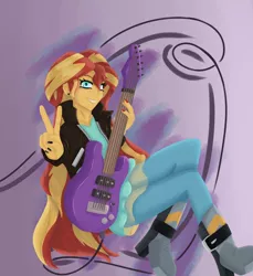 Size: 1024x1116 | Tagged: safe, artist:midnight-note, derpibooru import, sunset shimmer, equestria girls, abstract background, electric guitar, guitar, musical instrument, peace sign, smiling, solo, sunset shredder