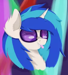 Size: 900x1000 | Tagged: safe, artist:midnight-note, derpibooru import, vinyl scratch, pony, unicorn, :p, abstract background, bust, chest fluff, cute, ear fluff, one eye closed, portrait, solo, tongue out, vinylbetes, wink