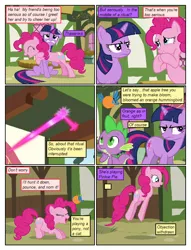 Size: 612x802 | Tagged: safe, artist:newbiespud, artist:winged cat, derpibooru import, edit, edited screencap, screencap, pinkie pie, twilight sparkle, dragon, earth pony, pony, unicorn, comic:friendship is dragons, blast, collaboration, comic, dialogue, eyes closed, female, frown, magic, magic beam, magic blast, male, mare, pronking, screencap comic, slit eyes, unamused, unicorn twilight