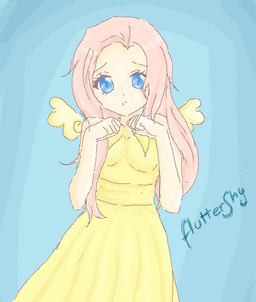 Size: 531x629 | Tagged: artist:no-tobi, blue background, clothes, colored pupils, cute, derpibooru import, dress, female, fluttershy, human, humanized, safe, shyabetes, simple background, solo, winged humanization, wings