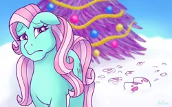 Size: 1280x800 | Tagged: safe, artist:spunky-sparkle, derpibooru import, minty, earth pony, pony, a very minty christmas, bauble, broken, christmas, christmas tree, g3, garland, holiday, little crackly pieces, oh minty minty minty, ornament, sad, scene interpretation, shattered, snow, solo, the here comes christmas candy cane, tree