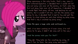 Size: 3000x1688 | Tagged: alternate timeline, crystal war timeline, derpibooru import, implied king sombra, inverted mouth, pinkie pie, pony supremacy, safe, talk to transformer, text, wall of text, war