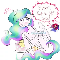 Size: 768x768 | Tagged: safe, artist:tylerdashart, derpibooru import, princess celestia, princess luna, alicorn, pony, angry, blushing, cake, cakelestia, caught, cute, cutelestia, dialogue, duo, eating, eye clipping through hair, female, floppy ears, food, mare, royal sisters, sitting, that princess sure does love cake, wingding eyes, yelling