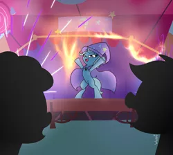 Size: 4096x3672 | Tagged: safe, artist:wenni, derpibooru import, trixie, pony, unicorn, series:pony re-watch, boast busters, armpits, bipedal, female, fire, fireworks, mare, scene interpretation, silhouette, solo focus, underhoof