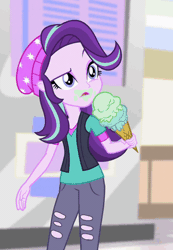 Size: 346x500 | Tagged: safe, derpibooru import, screencap, starlight glimmer, equestria girls, mirror magic, spoiler:eqg specials, animated, beanie, clothes, cropped, eating, food, gif, hat, ice cream, messy eating, solo, that human sure does love ice cream