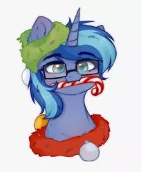 Size: 1350x1658 | Tagged: artist needed, safe, derpibooru import, oc, oc:blue cola, pony, unicorn, blushing, candy, candy cane, christmas, food, glasses, holiday, looking at you, male, smiling, solo, stallion