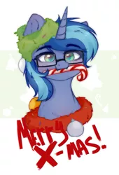 Size: 1350x1989 | Tagged: artist needed, safe, derpibooru import, oc, oc:blue cola, pony, unicorn, blushing, candy, candy cane, christmas, food, glasses, holiday, looking at you, male, smiling, solo, stallion, text