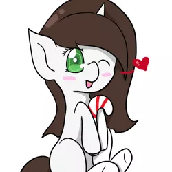 Size: 500x500 | Tagged: safe, artist:wisheslotus, derpibooru import, oc, unofficial characters only, pony, unicorn, blushing, candy, candy cane, female, food, heart, horn, mare, one eye closed, simple background, solo, underhoof, unicorn oc, white background, wink