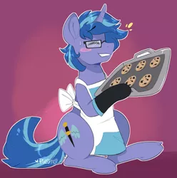 Size: 1485x1500 | Tagged: safe, artist:pixelyte, derpibooru import, oc, oc:blue cola, pony, unicorn, apron, baking tray, blushing, chocolate chip cookies, clothes, commission, cookie, cutie mark, eyes closed, food, glasses, male, naked apron, oven mitts, simple background, smiling, solo, stallion, sweat, ych result