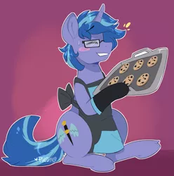 Size: 1485x1500 | Tagged: safe, alternate version, artist:pixelyte, derpibooru import, oc, oc:blue cola, pony, unicorn, apron, baking tray, blushing, chocolate chip cookies, clothes, commission, cookie, cutie mark, eyes closed, food, glasses, male, naked apron, oven mitts, simple background, smiling, solo, stallion, sweat, ych result