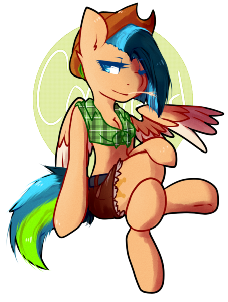 Size: 714x943 | Tagged: safe, artist:pomrawr, derpibooru import, pegasus, pony, clothes, cowboy hat, crossed legs, hat, one eye closed, pants, simple background, solo, straw in mouth, transparent background, wink