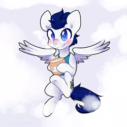 Size: 1000x1000 | Tagged: safe, artist:pomrawr, derpibooru import, oc, unofficial characters only, pegasus, pony, blushing, clothes, jar, male, pegasus oc, simple background, smiling, snow, solo, spread wings, stallion, transparent background, wings
