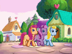 Size: 720x540 | Tagged: safe, derpibooru import, screencap, heart bright, moondancer (g3), sparkleworks, star flight, wysteria, earth pony, pony, two for the sky, animated, g3, gif, incoming