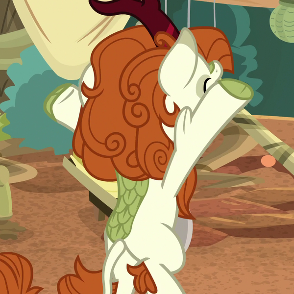 Size: 1080x1080 | Tagged: a kirin tale, autumn blaze, bipedal, cropped, derpibooru import, eyes closed, female, hooves up, kirin, open mouth, safe, screencap, solo, sounds of silence