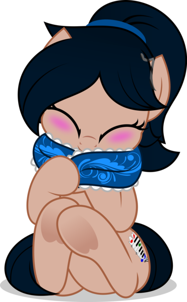 Size: 1024x1656 | Tagged: safe, artist:jhayarr23, derpibooru import, oc, oc:crescend cinnamon, unofficial characters only, earth pony, pony, blushing, clothes, cute, eyes closed, female, mare, ocbetes, ponytail, scarf, show accurate, simple background, sitting, solo, transparent background, underhoof