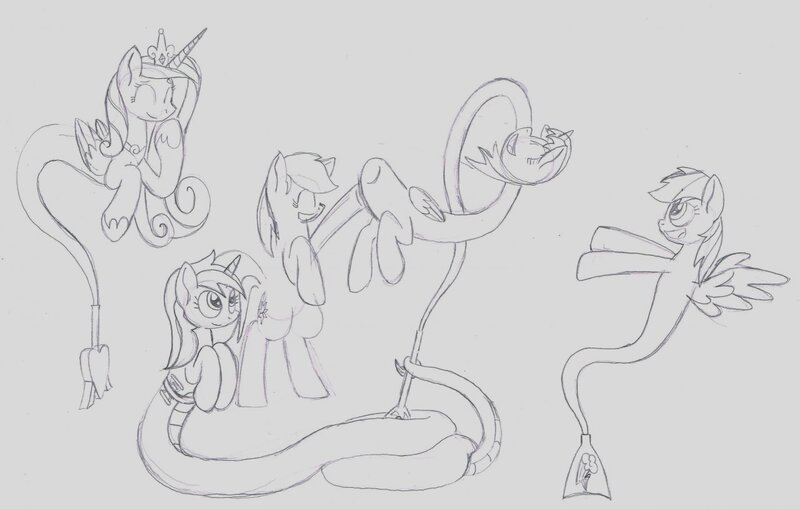 Size: 1280x814 | Tagged: safe, artist:airship-king, derpibooru import, minuette, princess cadance, rainbow dash, oc, oc:diaphaneity, oc:parcly taxel, alicorn, earth pony, genie, genie pony, lamia, original species, pegasus, pony, unicorn, albumin flask, alicorn oc, bipedal, birthday present, detachable head, female, geniefied, headless, horn, invisible, lamiafied, lineart, mare, modular, monochrome, pencil drawing, species swap, traditional art, wings