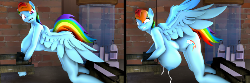 Size: 3237x1081 | Tagged: explicit, artist:dongly12, derpibooru import, rainbow dash, anthro, pegasus, plantigrade anthro, series:all natural rainbow based dairy, 3d, big breasts, bondage, breast expansion, breasts, busty rainbow dash, dashsub, female, femsub, growth, huge breasts, image, impossibly large breasts, inflation, lactation, milk, milk squirt, nipples, nudity, png, solo, solo female, source filmmaker, stocks, story included, submissive, this will end in milking