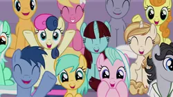 Size: 1920x1080 | Tagged: safe, derpibooru import, screencap, blues, bon bon, caramel, carrot top, golden harvest, jet set, lily, lily valley, lyra heartstrings, noteworthy, royal riff, say cheese, sweet biscuit, sweetie drops, tender brush, winter lotus, earth pony, pegasus, pony, unicorn, the summer sun setback, female, male, mare, stallion