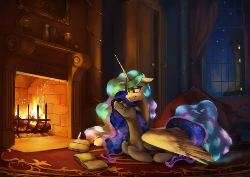 Size: 4096x2896 | Tagged: safe, artist:anticular, derpibooru import, princess celestia, princess luna, alicorn, pony, duo, eyes closed, female, fireplace, mare, missing accessory, neck nuzzle, night, ponyloaf, prone, redraw, royal sisters, siblings, sisterly love, sisters, trophy, wing blanket