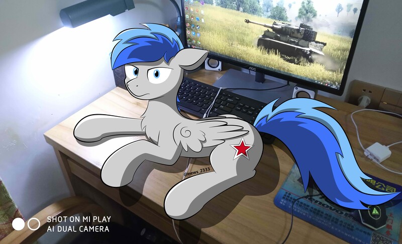 Size: 14688x8938 | Tagged: safe, artist:news_2333, derpibooru import, oc, oc:news, unofficial characters only, pegasus, pony, china, chinese text, computer, cute, cutie mark, irl, male, photo, ponies in real life, solo, stallion, tank (vehicle), tiger i, war thunder, weapon, wings