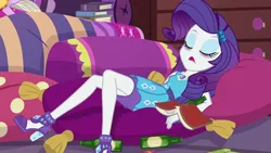 Size: 1280x720 | Tagged: safe, derpibooru import, edit, edited screencap, screencap, rarity, equestria girls, equestria girls series, holidays unwrapped, spoiler:eqg series (season 2), alcohol, bags under eyes, beer, beer bottle, blizzard or bust, book, clothes, drunk rarity, exhausted, eyes closed, eyeshadow, female, geode of shielding, high heels, legs, magical geodes, makeup, passed out, pillow, shoes, sleeping, solo
