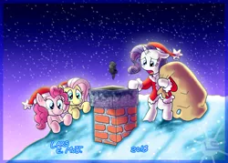 Size: 3756x2682 | Tagged: safe, artist:lars99, derpibooru import, fluttershy, pinkie pie, rarity, earth pony, pegasus, pony, unicorn, 2018, bag, bipedal, chimney, christmas, clothes, costume, female, hat, holiday, mare, night, rooftop, sack, santa costume, santa hat, santa sack, snow, soot, stars, winter