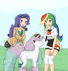 Size: 1852x1935 | Tagged: safe, artist:ciriliko, derpibooru import, rainbow dash, rarity, galarian ponyta, human, ponyta, unicorn, alternate outfits, breasts, bush, busty rainbow dash, busty rarity, crossover, human coloration, humanized, petting, pokémon, pokémon sword and shield, sonia (pokémon)