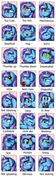 Size: 2349x7457 | Tagged: safe, artist:pridark, derpibooru import, oc, oc:untitled work, unofficial characters only, unicorn, blushing, covering ears, covering eyes, covering mouth, derp, disgusted, donut, drool, emotes, food, green eyes, looking at you, magic glow, nervous, one eye closed, open mouth, sick, swirly eyes, thermometer, thumbs down, thumbs up, tongue out, wink