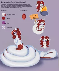 Size: 3478x4190 | Tagged: safe, artist:cha-squared, derpibooru import, oc, oc:ruby scales, lamia, original species, unicorn, coils, commission, fire, freaking out, gem, hypnosis, purple eyes, red mane, reference sheet, sign, simple background, smiling, snake tail, solo, toaster, white coat