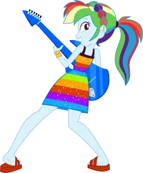 Size: 3000x3631 | Tagged: safe, artist:cloudyglow, derpibooru import, rainbow dash, equestria girls, equestria girls series, spring breakdown, spoiler:eqg series (season 2), .ai available, all good (song), clothes, cute, dashabetes, dress, electric guitar, feet, female, guitar, heel pop, high res, looking back, musical instrument, rear view, sandals, simple background, singing, sleeveless, smiling, solo, transparent background, vector