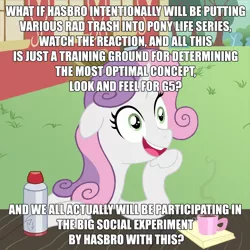 Size: 1000x1000 | Tagged: safe, artist:crystalightrocket, derpibooru import, sweetie belle, pony, unicorn, my little pony: pony life, caption, coffee, cup, drama, exploitable meme, female, g5, image macro, insane fan theory, leaning, mare, meme, notepad, obligatory pony, older, older sweetie belle, op is not trying to start shit, pony life drama, question, solo, sudden clarity older sweetie belle, sudden clarity sweetie belle, text